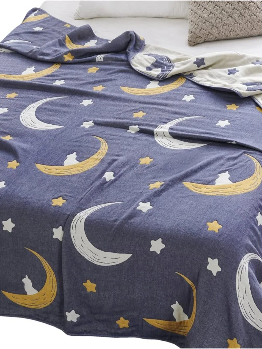 Bright Moon Stars Muslin Blanket Reversible 100% Cotton 6 Layer Quilt Bed Blanke
